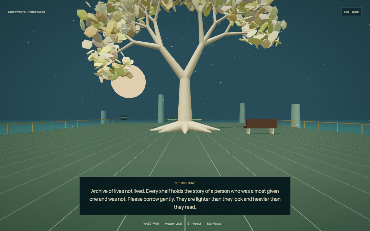 A pale tree and bench in the garden scene of Sadman’s Parable